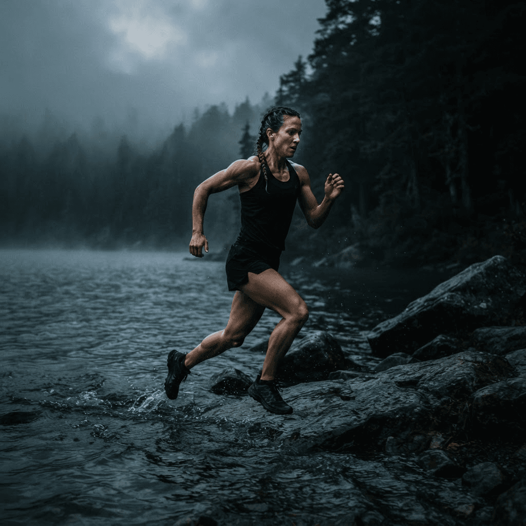 Atletische persoon traint bij zonsopkomst in een donkere, sfeervolle omgeving